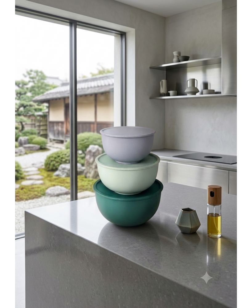PRACTIC Luna 3-Piece Kitchen Mixing Bowl Set with Lids (1.2L + 2L + 3.2L)