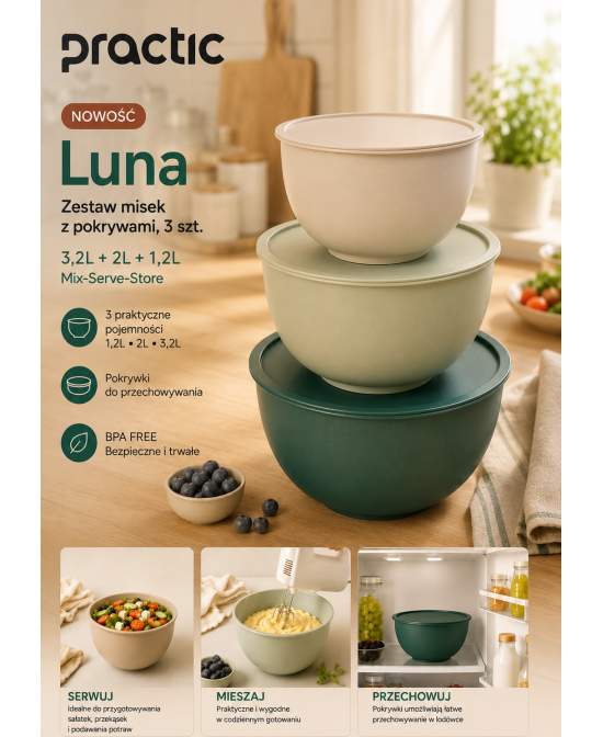 PRACTIC Luna 3-Piece Kitchen Mixing Bowl Set with Lids (1.2L + 2L + 3.2L)