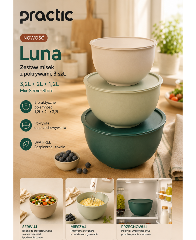 PRACTIC Luna 3-Piece Kitchen Mixing Bowl Set with Lids (1.2L + 2L + 3.2L)